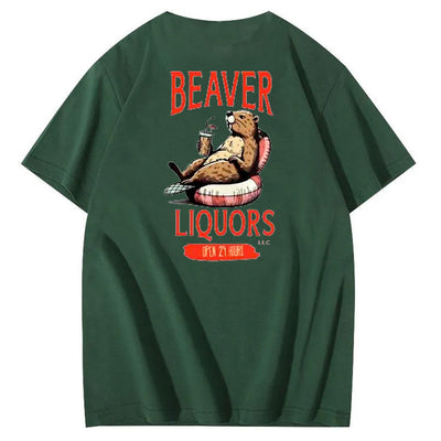 Beaver Pattern Print Crew Neck T-Shirt
