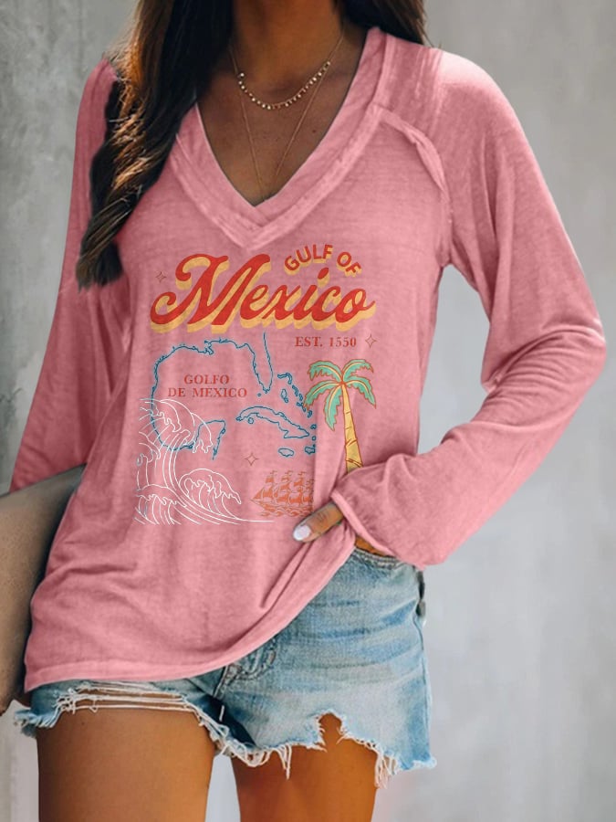 Women's Gulf Of Mexico Print V Neck T-Shirt