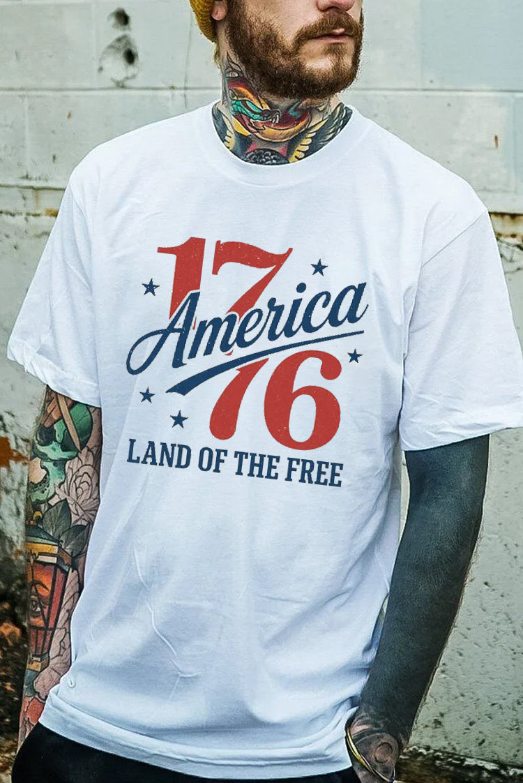 Independence Day 1776 America Land Of The Free Pattern Print 100%Cotton T-Shirt