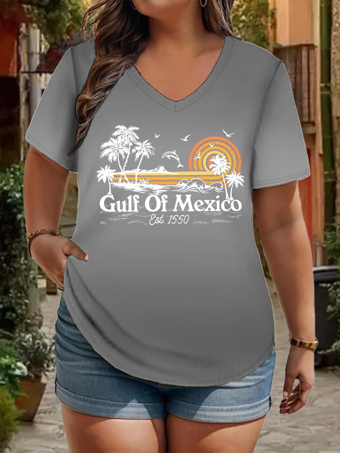 Women's Plus Size Gulf Of Mexico Print V-Neck T-Shirt