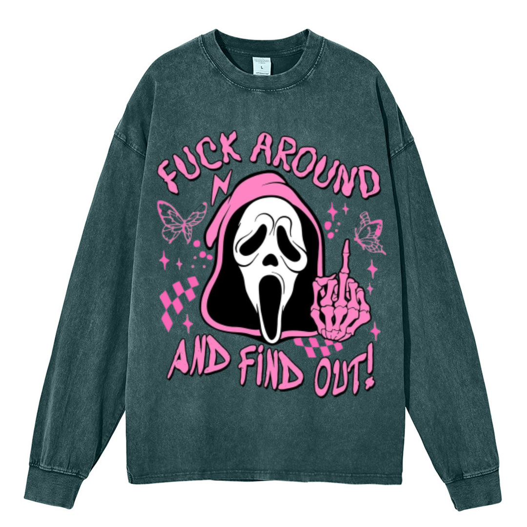 Find Out Unisex Casual Washed Printed Round Neck Sweatshirt