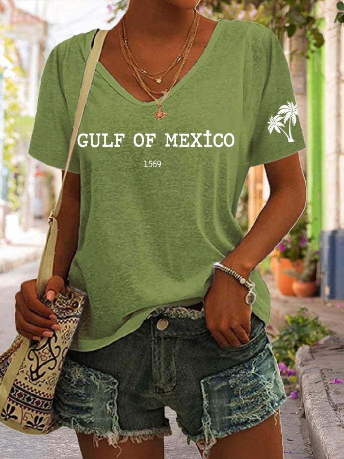 Women's Gulf Of Mexico Print V Neck Casual T-Shirt