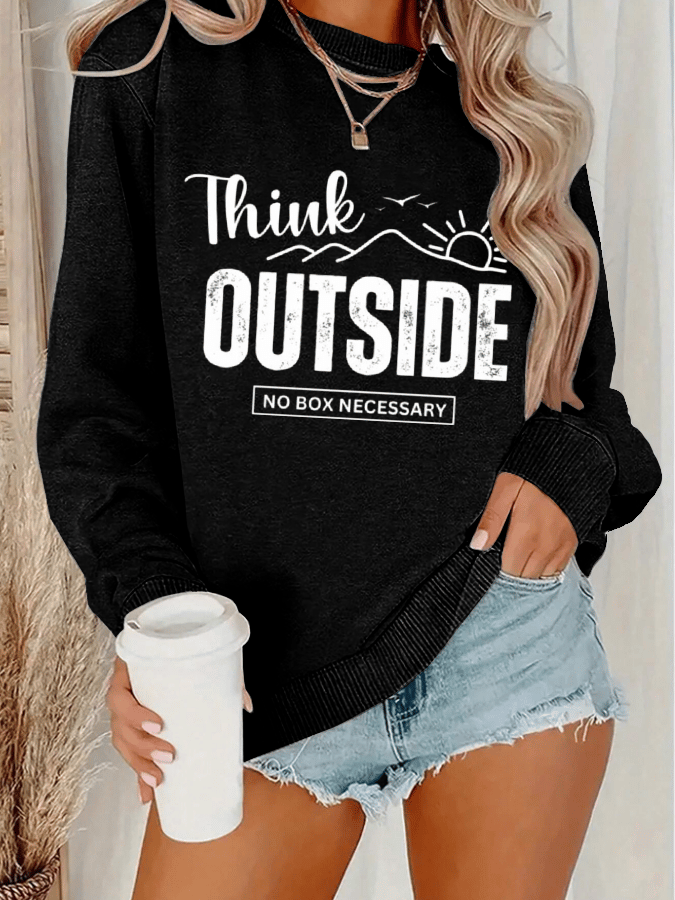 Women's Think Outside The Box Hiking Print Crew Neck Long Sleeve Sweatshirt
