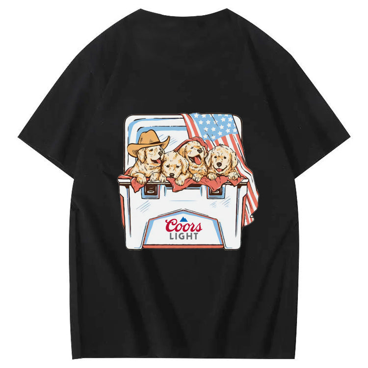 Funny Dogs And American Flag Pattern Print T-Shirt