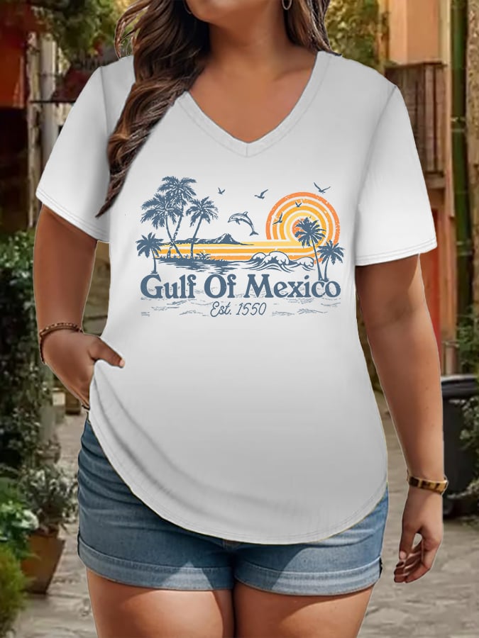 Women's Plus Size Gulf Of Mexico Print V-Neck T-Shirt