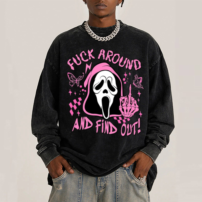 Find Out Unisex Casual Washed Printed Round Neck Sweatshirt