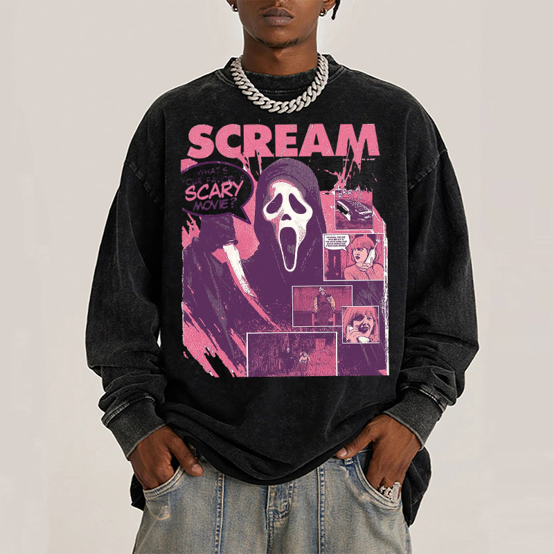 Scream Unisex Washed Printed Round Neck Sweatshirt