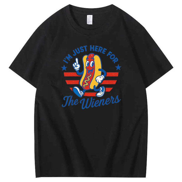 4th Of July Just Here For The Wieners Pattern Print Cotton T-Shirt
