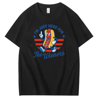 4th Of July Just Here For The Wieners Pattern Print Cotton T-Shirt