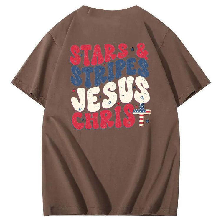 Independence Day Stars&Stripes Jesus Chirs Pattern Print T-Shirt