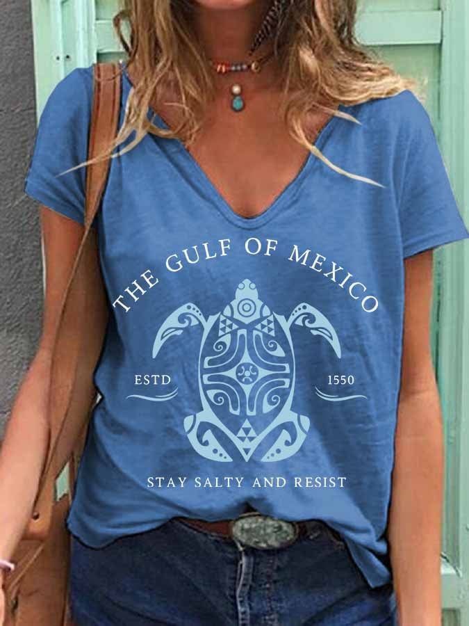 Women's Gulf Of Mexico Print V Neck T-Shirt