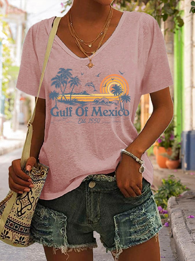 Women's Gulf Of Mexico Print V Neck Casual T-Shirt