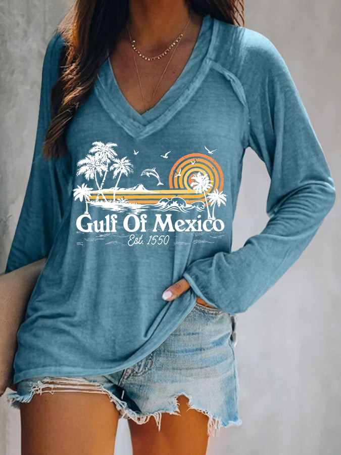 Women's Gulf Of Mexico Print V Neck T-Shirt