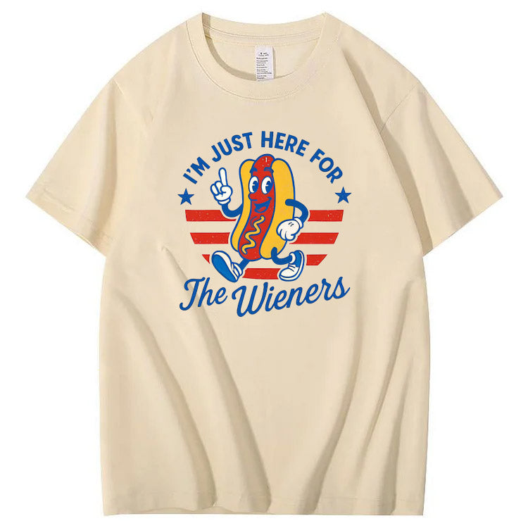 4th Of July Just Here For The Wieners Pattern Print Cotton T-Shirt