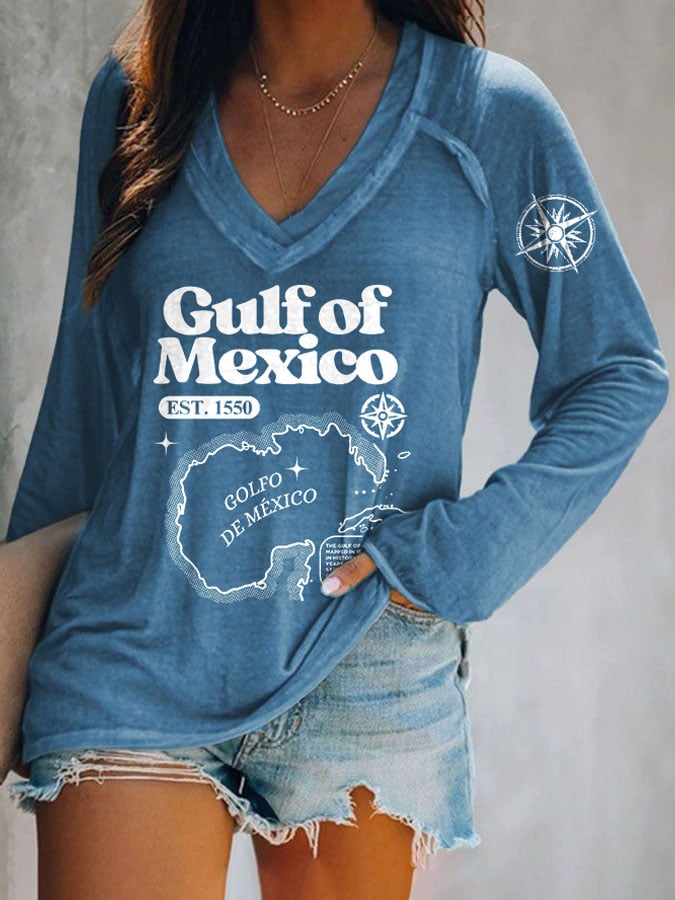 Women's Gulf Of Mexico Print V Neck T-Shirt