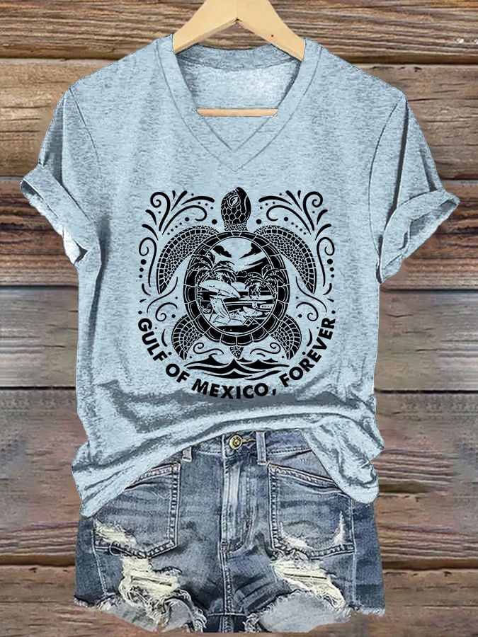 Women's Retro Golfo De Mexico forever Sea Turtle Print T-Shirt