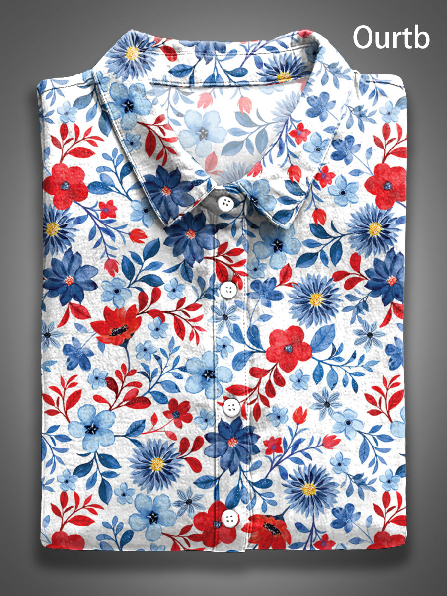 Vintage Floral Red White Blue 1776 Freedom USA Independence Day Abstract Pattern Art Print Casual 100% Cotton Shirt