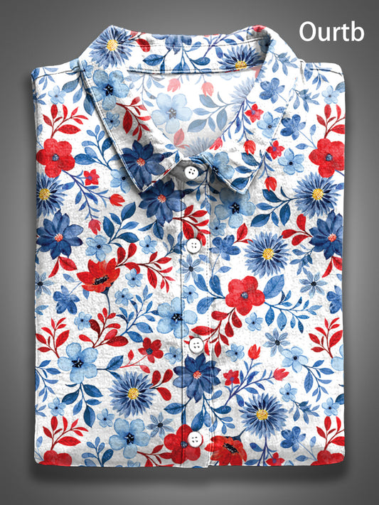 Vintage Floral Red White Blue 1776 Freedom USA Independence Day Abstract Pattern Art Print Casual 100% Cotton Shirt