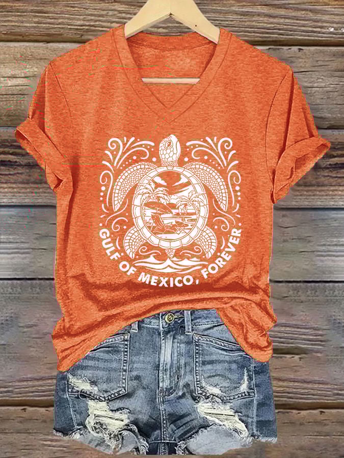 Women's Retro Golfo De Mexico forever Sea Turtle Print T-Shirt