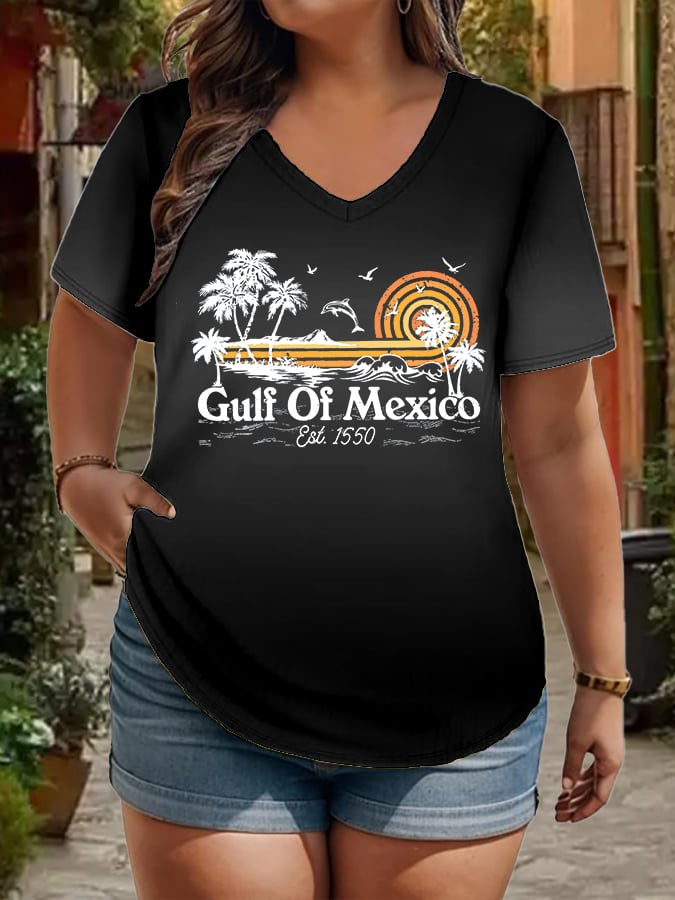 Women's Plus Size Gulf Of Mexico Print V-Neck T-Shirt
