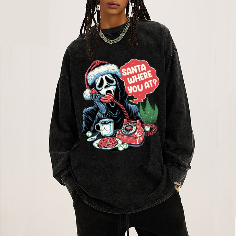 Santa Where You At Unisex Washed Printed Round Neck Sweatshirt