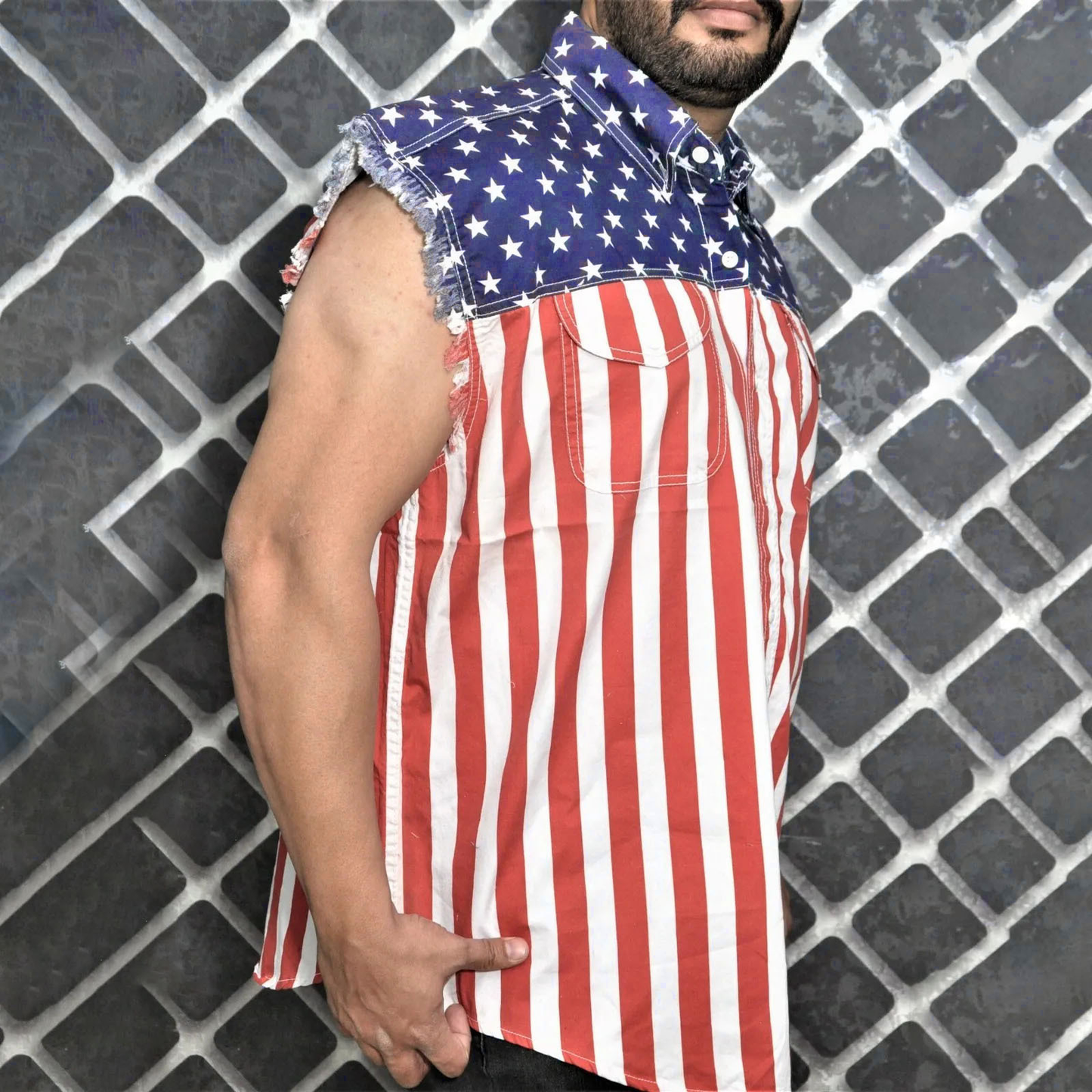Men'S Independence Day Denim Tank Top Button Down Work Jacket