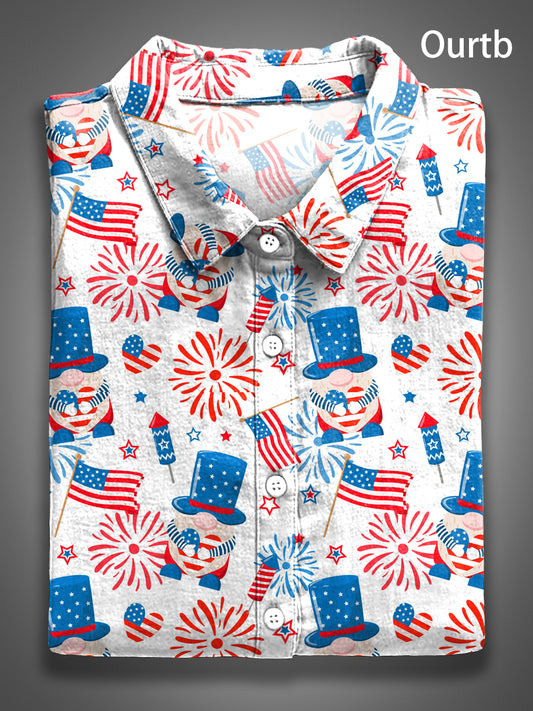 Fireworks Flag Red White Blue Abstract 1776 Freedom USA Independence Day Abstract Pattern Art Print Casual 100% Cotton Shirt