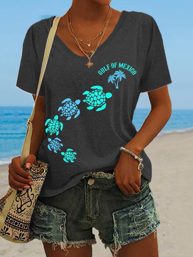 Women's Gulf Of Mexico Print V Neck Casual T-Shirt