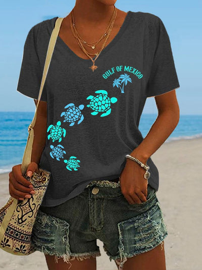 Women's Gulf Of Mexico Print V Neck Casual T-Shirt