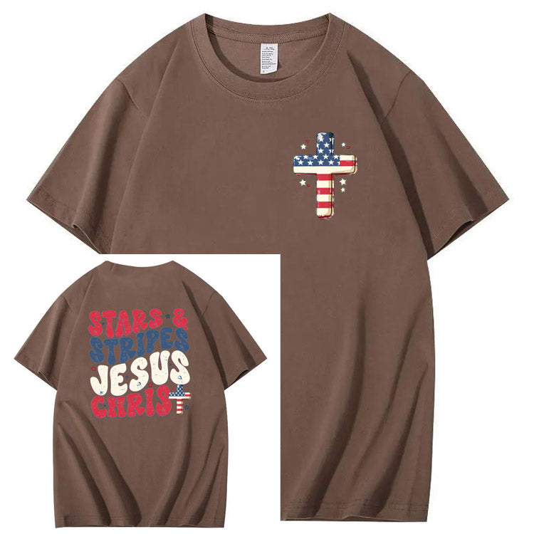 Independence Day Stars&Stripes Jesus Chirs Pattern Print T-Shirt