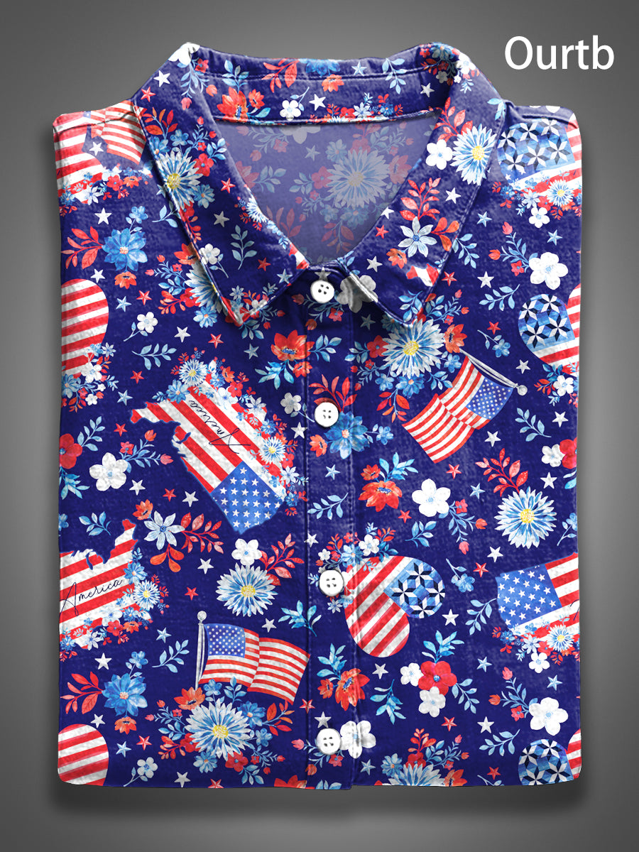 Floral Flag Red White Blue Abstract 1776 Freedom USA Independence Day Abstract Pattern Art Print Casual 100% Cotton Shirt