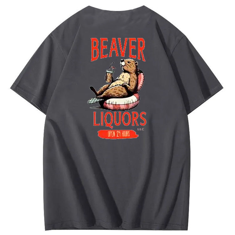 Beaver Pattern Print Crew Neck T-Shirt
