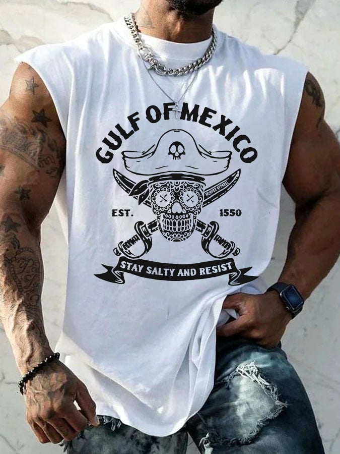 Men'S Retro Gulf Of Mexico Est 1550 Stay Salty And Resist Print Sleeveless Tank Top