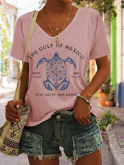 Women's Gulf Of Mexico Print V Neck Casual T-Shirt