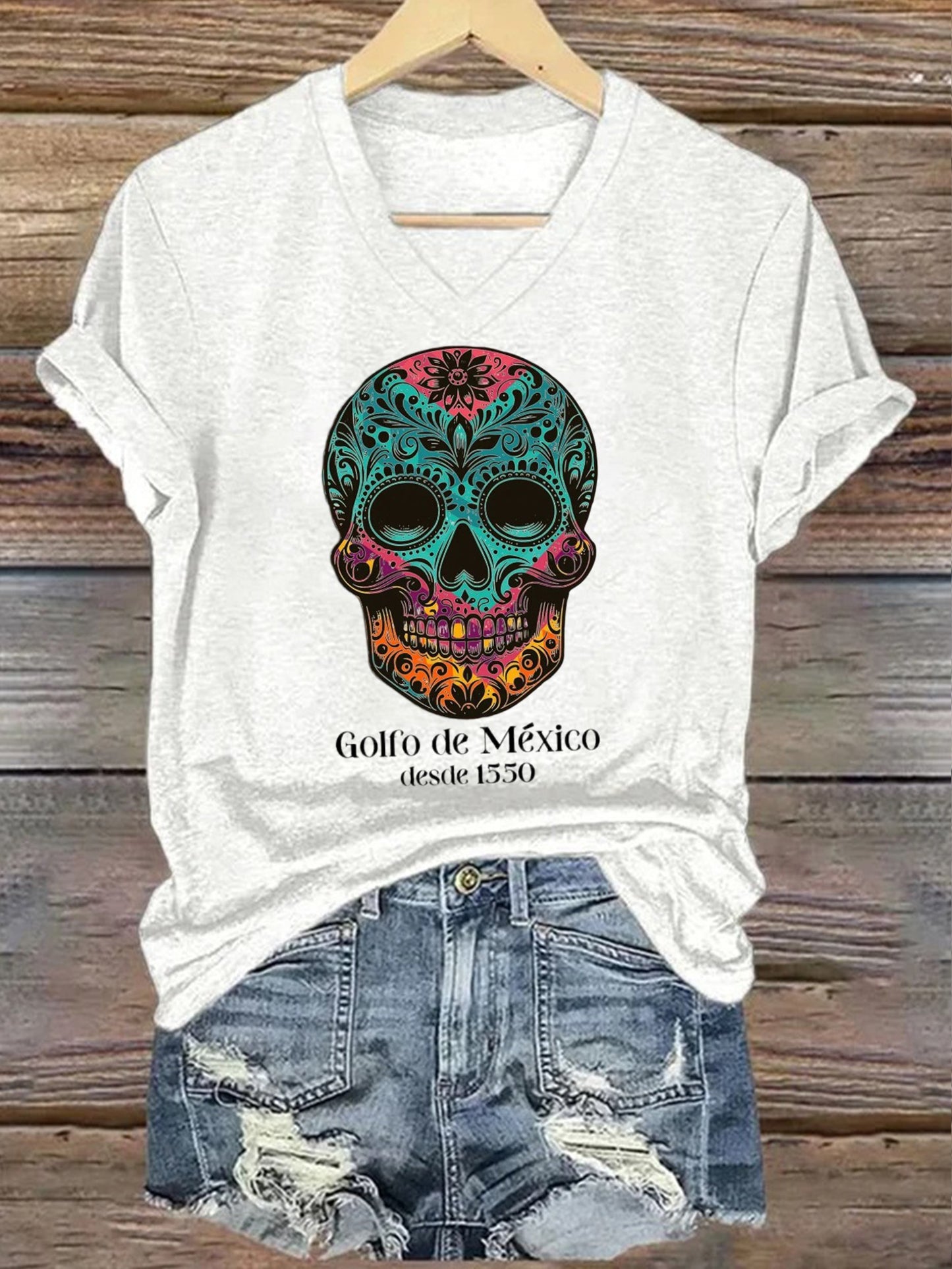 Women's Gulf of Mexico Skull Printed Short-Sleeved T-Shirt