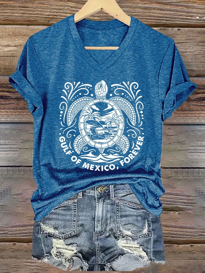 Women's Retro Golfo De Mexico forever Sea Turtle Print T-Shirt