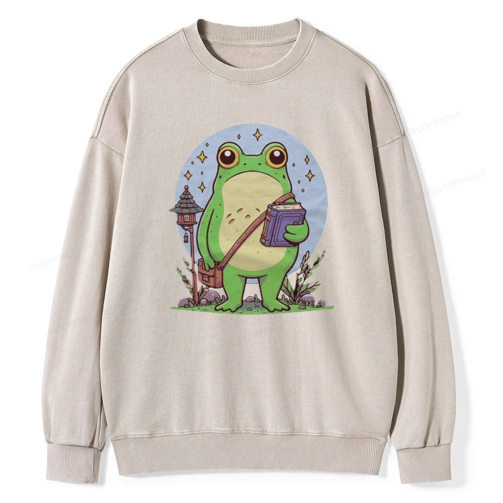 Frog Reading Book Unisex Washed Sweatshirt