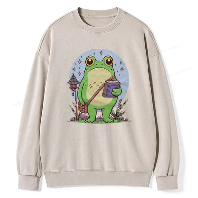 Frog Reading Book Unisex Washed Sweatshirt