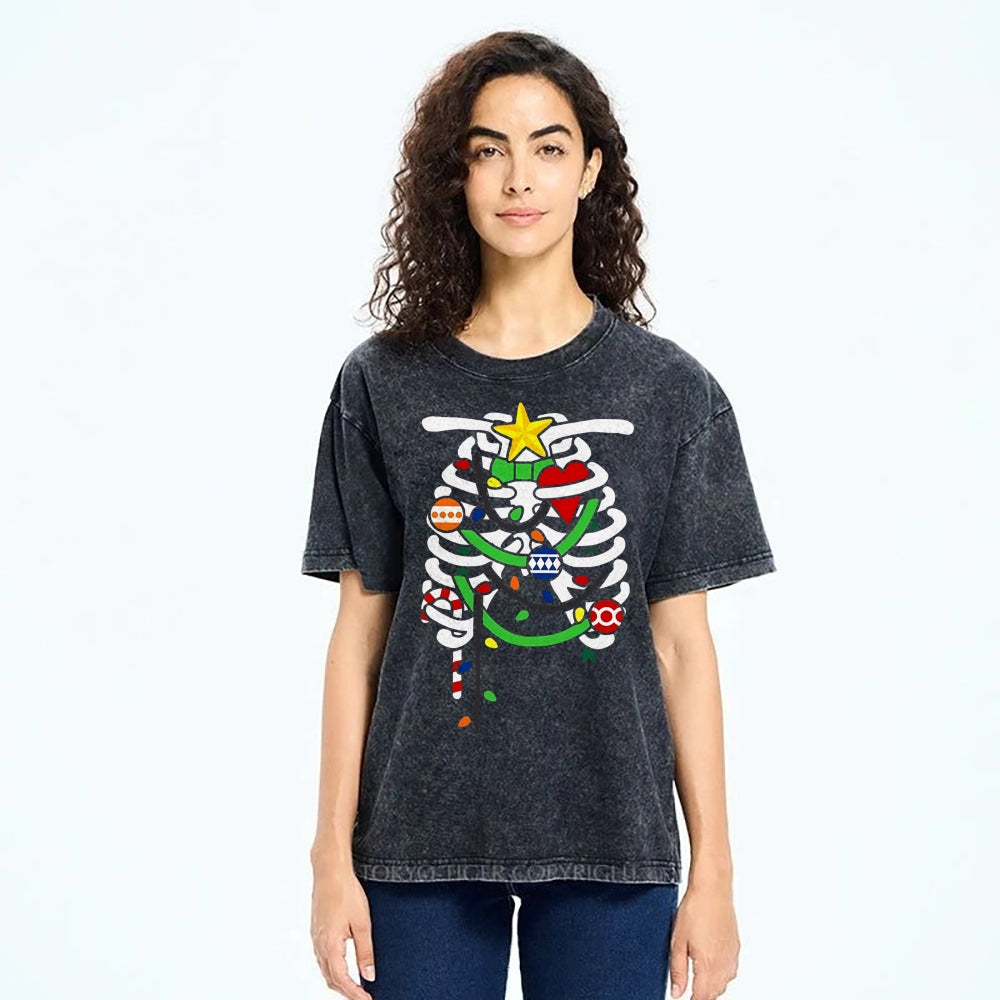 Unisex Christmas Skull Printed Washed Tee