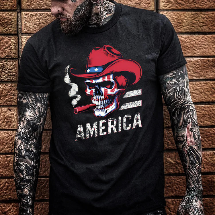 Independence Day Skull America Pattern Print 100%Cotton T-Shirt