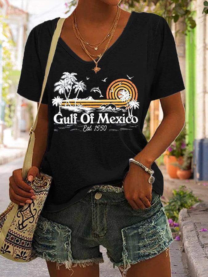 Women's Gulf Of Mexico Print V Neck Casual T-Shirt