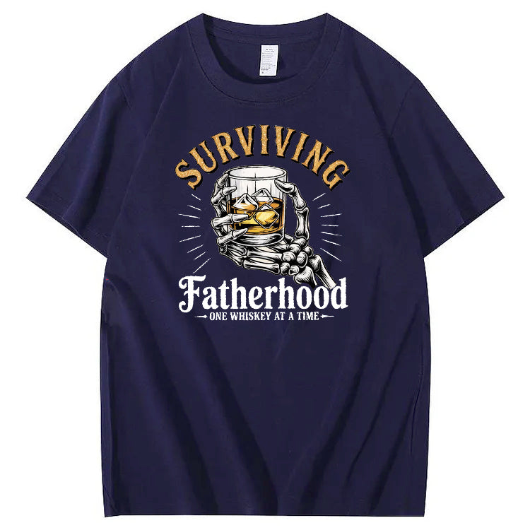 Fatherhood One Whiskey At A Time Pattern Print 100%Cotton T-Shirt