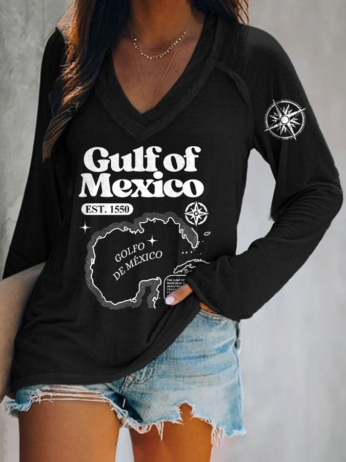 Women's Gulf Of Mexico Print V Neck T-Shirt