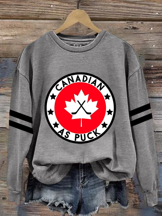 Women's Canadian Hockey Print Crew Neck Long Sleeve Sweatshirt