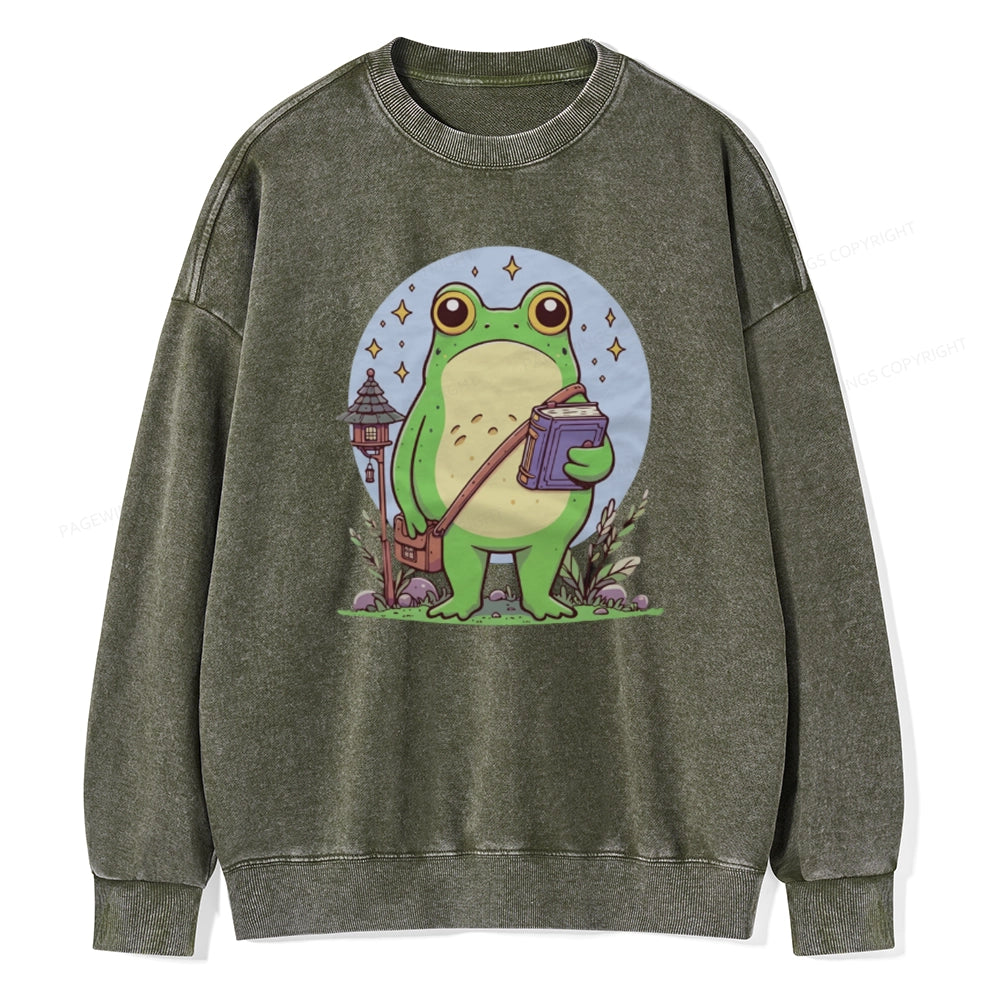 Frog Reading Book Unisex Washed Sweatshirt
