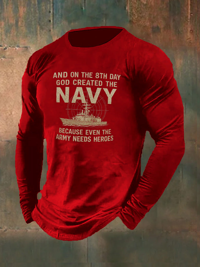 Men's Navy  Pattern Long Sleeve 100% Cotton T-Shirt