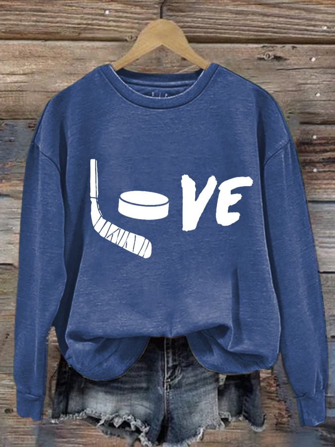 Women's Love Ice Hockey Print Round Neck Sweatshirt