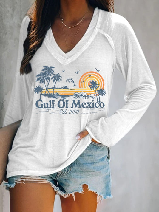 Women's Gulf Of Mexico Print V Neck T-Shirt