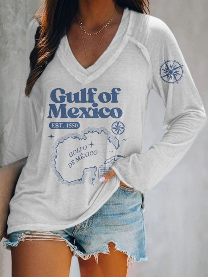 Women's Gulf Of Mexico Print V Neck T-Shirt