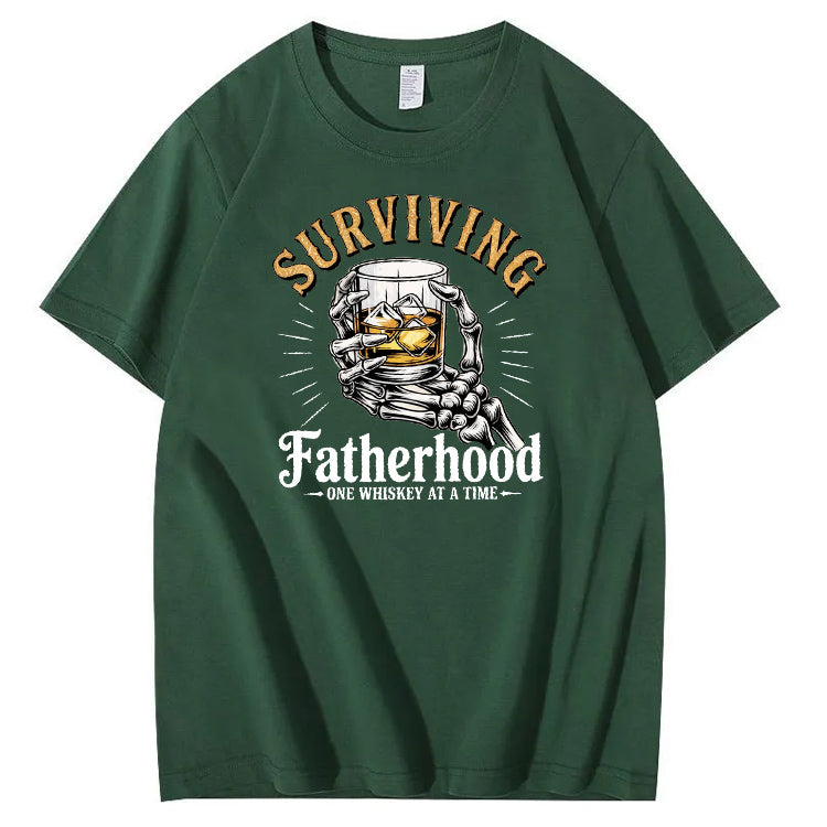 Fatherhood One Whiskey At A Time Pattern Print 100%Cotton T-Shirt